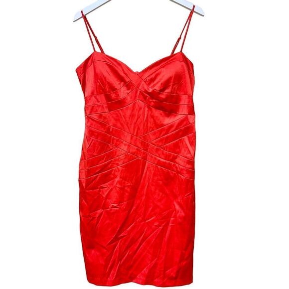Bisou Bisou y2k Spaghetti Strap Red Coral Satin Bustier Party Dress Size 14 - Picture 1 of 13